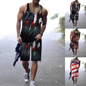 Мужской жилет и шорты с цифровым 3D принтом с изображением Флага Дня независимости, комплект из двух предметов, костюм для отдыха и универсальный
