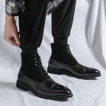 Мужские ботинки, кожаные Водонепроницаемые Ботинки до середины икры на шнуровке, мужские Зимние Рабочие ботинки, Нескользящая мужская обувь, модные мотоциклетные ботинки, мужские