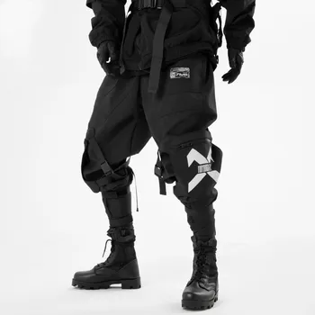 2023 Тактические брюки в стиле пэчворк с несколькими карманами и лентами, мужские брюки-карго в стиле хип-хоп, повседневные спортивные джоггеры для бега трусцой
