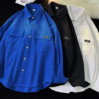 Мужская осенняя вафельная рубашка С отложным воротником, длинными рукавами, карманами, пуговицами, рубашки, оснастка, свободные пальто, куртки, топы, бусы