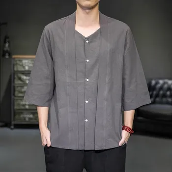 Китайская Традиционная Поддельная Мужская Рубашка Kongfu Hanfu Уличная Одежда Из Хлопка И Льна С Рукавом Три Четверти И Пуговицами, Свободная Мужская Рубашка