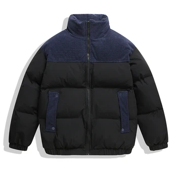 Зимняя одежда с хлопчатобумажной подкладкой Оверсайз, куртка для мужчин, пузырчатое пальто, Модная Корейская Повседневная Вельветовая парка в стиле пэчворк, Верхняя одежда, топы для мужчин