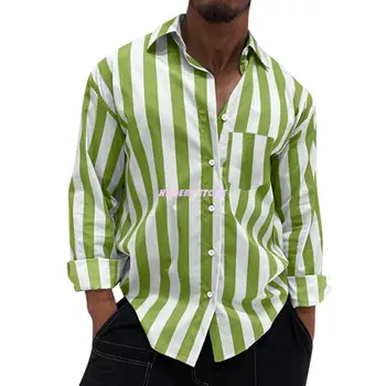 Повседневная Зеленая Рубашка В Полоску Мужская 2023 Фирменная Новинка Regular-fit Рубашки С Длинным Рукавом Эластичная Рубашка На Пуговицах Модная Мужская