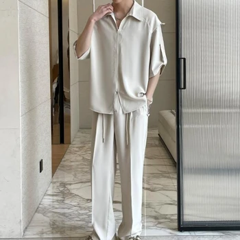 Gmiixder Легкая роскошная рубашка высокого класса с короткими рукавами Для мужчин зрелого возраста, элегантная рубашка из ледяного шелка, мужские мешковатые прямые брюки, комплект из одного предмета