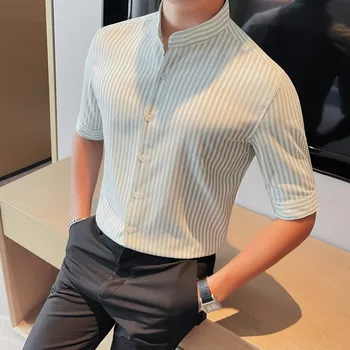 Мужская рубашка со стоячим воротником в китайском стиле, модные повседневные рубашки с коротким рукавом, высококачественные деловые рубашки для светской жизни M-5XL