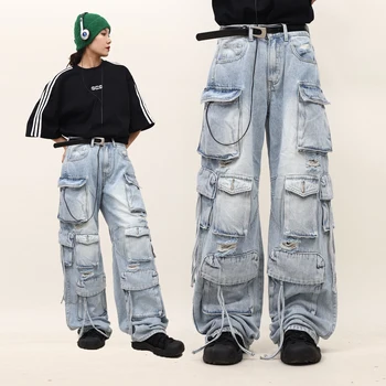 Cleanfit Y2K стиль унисекс, новые рваные джинсы, свободные ретро повседневные брюки унисекс с высокой талией, прямые брюки, винтаж