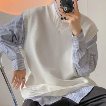 Жилет-свитер с V-образным вырезом, мужской модный Повседневный Однотонный Вязаный пуловер, Мужской Корейский Свободный свитер без рукавов, Мужской джемпер, одежда