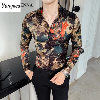 Рубашка с принтом листьев, мужские повседневные вечерние платья с цветочным рисунком, Модные осенние мужские топы с цифровым принтом с длинным рукавом 4XL