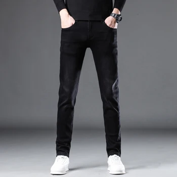 Тонкие Джинсы Скинни, осенние мужские стрейчевые темно-синие черные мужские джинсовые брюки, повседневная уличная одежда, брендовые мужские брюки Quanlity Jeans