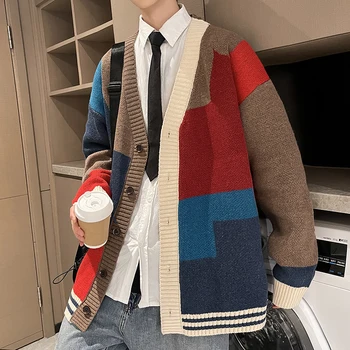 Большие размеры 7XL 6XL 5XL, корейский стиль, мужские Цветные свитера в стиле пэчворк, Модные Осенне-зимние свитера, вязаные куртки 7XL-M