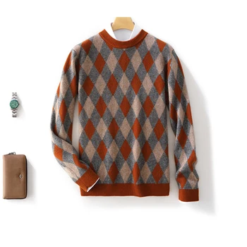Осень и зима Новый мужской свитер с круглым вырезом из 100% чистой шерсти, подходящий по цвету Свободный свитер, Повседневная кашемировая трикотажная нижняя рубашка