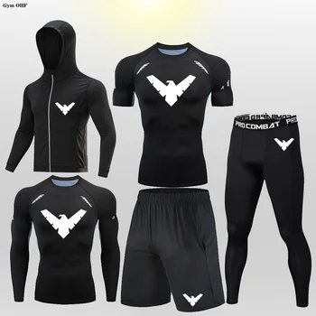 Мужской спортивный костюм Nightwing, футболки + брючный костюм, мужская рубашка с длинным рукавом, компрессионные комплекты, Спортивный костюм для фитнеса, бодибилдинга, ММА