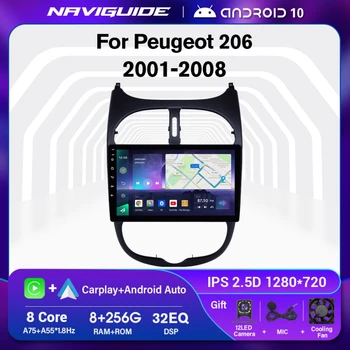 NAVIGUIDE A7 8 + 256G Android 10,0 Автомобильный Радиоприемник для Peugeot 206 2001-2008 Citroen C2 2004-2008 Мультимедийный Видеоплеер GPS Навигация