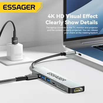 Док-станция для ноутбука 7 в 1 USB Type-C, Совместимая с HDMI, Поддержка Источника питания PD60W, USB-концентратора, адаптера Plug and Play, док-станции