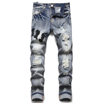 Мужские джинсы с вышивкой в стиле Хай-стрит, рваные уличные джинсы, брюки в стиле панк для мужчин, тонкие модные мужские джинсы с маленькими ножками