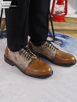 Лоскутная парусиновая обувь из натуральной кожи для делового отдыха, мужская модельная обувь на шнуровке с круглым носком, Винтажная обувь ручной работы, Мужская обувь-карго