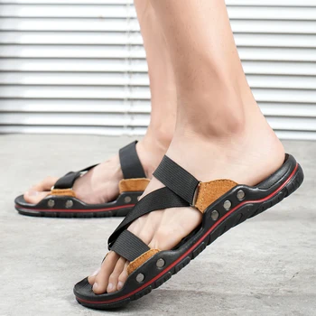 Мужские тапочки с открытым носком больших размеров 2023, Уличная летняя повседневная пляжная обувь для мужчин, Нескользящая обувь на плоской подошве для мужчин