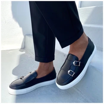 Новые коричневые мужские вулканизированные туфли, Черная мужская повседневная обувь Monk с двойной пряжкой, Размер 38-46, Мужская обувь ручной работы