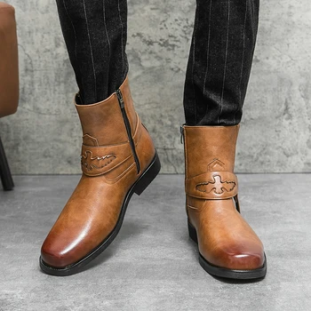 Ковбойские сапоги в стиле Вестерн, мужские полусапожки в стиле ретро, Легкие комфортные мужские кожаные ботинки с боковой молнией, уличные ботинки, Большой размер 48