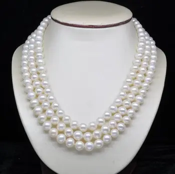 AA ++ Ожерелья из натурального 3-нитного белого жемчуга 8-9 мм (17 дюймов, 18 дюймов, 19 дюймов)