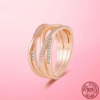 Кольцо золотого цвета, серебро 925 пробы, Сверкающие и полированные линии, кольца для женщин, свадебные украшения из розового золота, украшения для помолвки