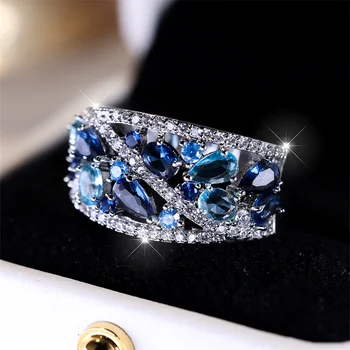 Кольцо с камнем в виде капли воды Королевского синего цвета, имитирующие аквамарин, Обручальные кольца для женщин, винтажное обручальное кольцо серебристого цвета для свадебной вечеринки