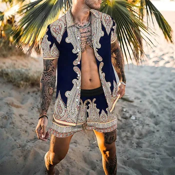 Гавайская летняя пляжная футболка, модные комплекты из двух предметов с цветочным принтом для мужчин, рубашка с коротким рукавом, шорты, костюмы, повседневная мужская одежда