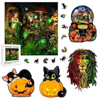 Деревянный пазл-головоломка с тыквой неправильной формы на Хэллоуин, головоломка с животными, популярные игрушки для праздничных вечеринок, игра-головоломка для детей и взрослых