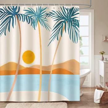 Занавеска для душа из тропической пальмы с крючками, современный абстрактный декор для заката, Занавеска для ванной из полиэстеровой ткани, Занавеска для ванной комнаты
