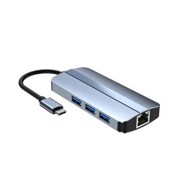 6-В-1 USB C Концентратор Док-станция Type C USB-концентратор USB3.0 RJ45 1000 Мбит/с Устройство чтения карт SD TF PD Зарядное устройство мощностью 100 Вт, совместимое с HDMI
