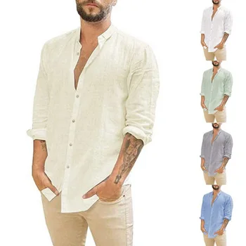 2023 Хлопчатобумажная льняная блузка, мужские рубашки с длинными рукавами, Летние однотонные рубашки со стоячим воротником, повседневные рубашки в пляжном стиле с V-образным вырезом, мужские топы