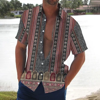 Новые мужские рубашки, праздничные Гавайские пляжные рубашки, винтажные топы в полоску с принтом, Этническая укороченная блузка оверсайз, дизайнерская одежда 2023